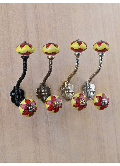 White Round Red Flower Ceramic Knob With Metal Wall Hanger