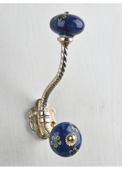 Elegant Blue Ceramic Cabinet Knob With Metal Wall Hanger