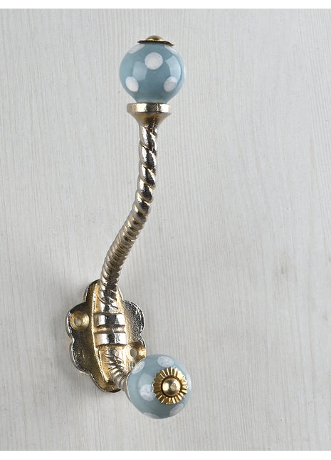 Turquoise Round White Polka Dots Knob With Metal Wall Hanger