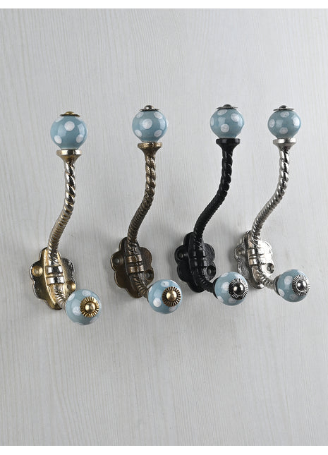 Turquoise Round White Polka Dots Knob With Metal Wall Hanger