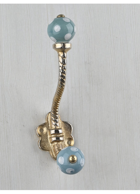 Turquoise Round White Polka Dots Knob With Metal Wall Hanger