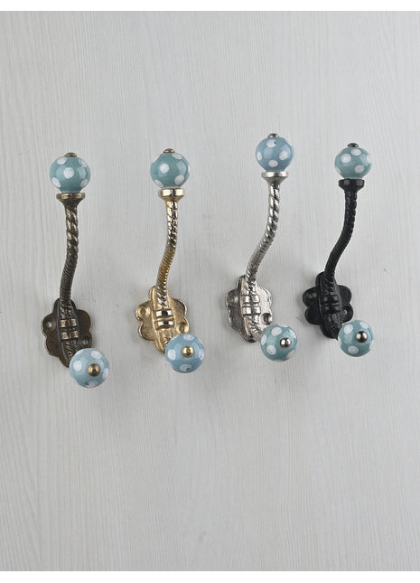 Turquoise Round White Polka Dots Knob With Metal Wall Hanger