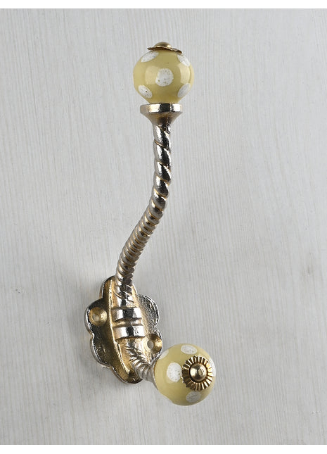 Lime Yellow  White Polka Dots Knob With Metal Wall Hanger