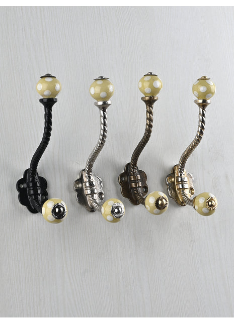 Lime Yellow  White Polka Dots Knob With Metal Wall Hanger