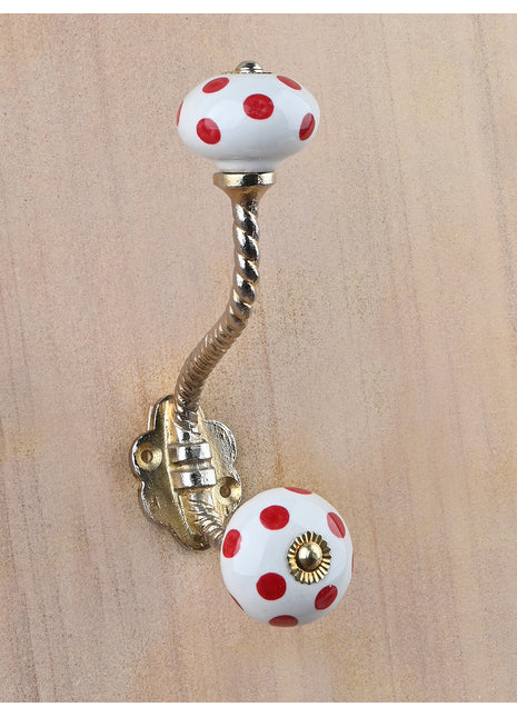 White Round Red Polka Dots Ceramic Knob With Metal Wall Hanger
