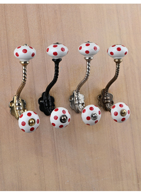 White Round Red Polka Dots Ceramic Knob With Metal Wall Hanger