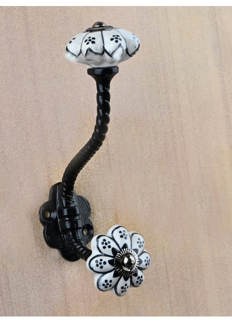 Floral White Royal Ceramic Knob With Metal Wall Hanger