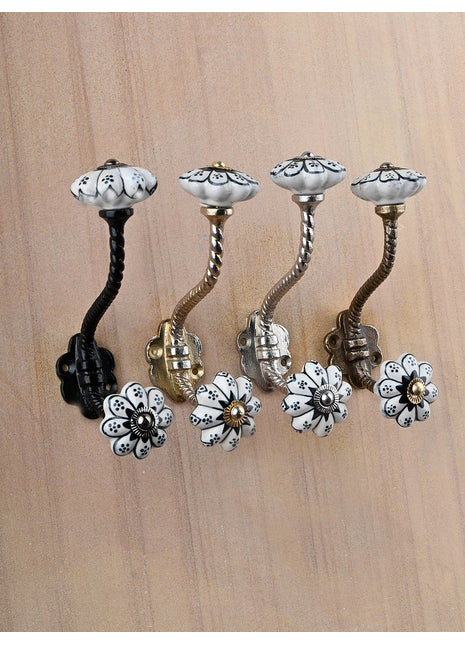 Floral White Royal Ceramic Knob With Metal Wall Hanger