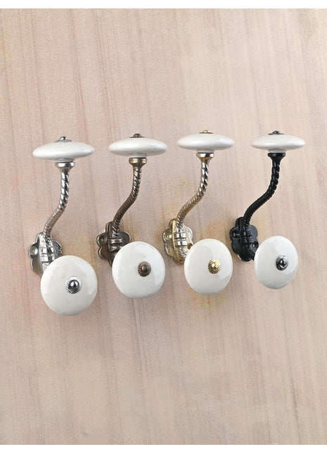 White Ceramic knob With Metal Wall Hanger
