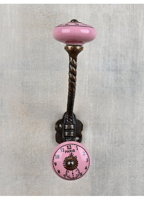 Round Pink Clock Ceramic Knob With Metal Wall Hanger