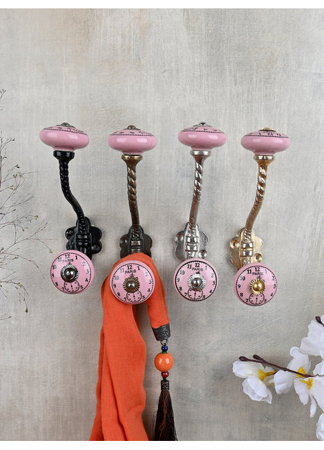 Round Pink Clock Ceramic Knob With Metal Wall Hanger