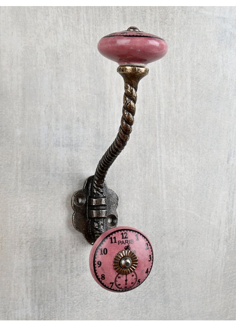 Dark Pink Clock Ceramic Knob With Metal Wall Hanger