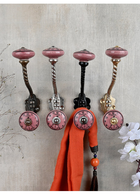Dark Pink Clock Ceramic Knob With Metal Wall Hanger