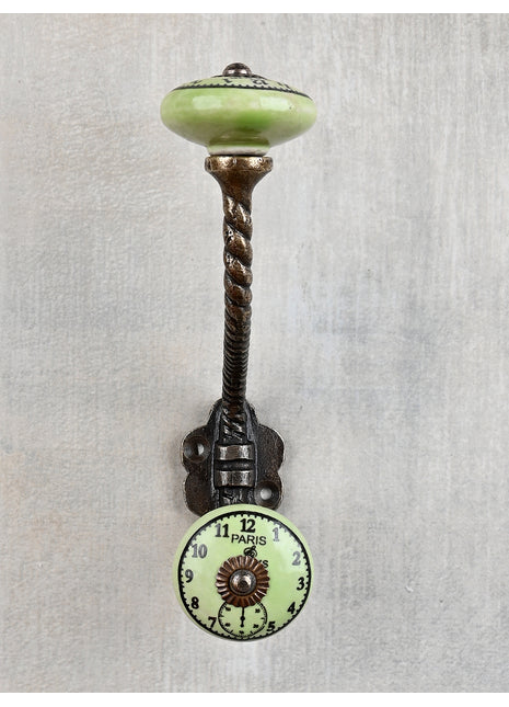 Lime Green Clock Ceramic Knob With Metal Wall Hanger