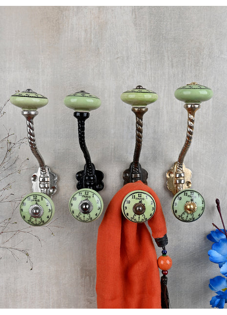 Lime Green Clock Ceramic Knob With Metal Wall Hanger