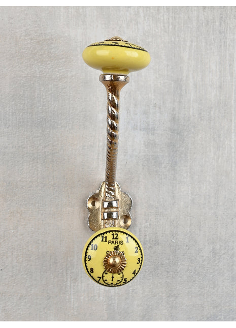 Round Yellow Clock Ceramic Knob With Metal Wall Hanger