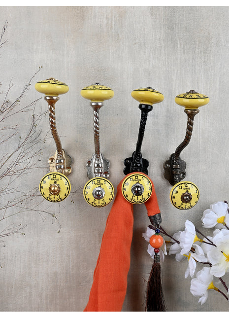 Round Yellow Clock Ceramic Knob With Metal Wall Hanger