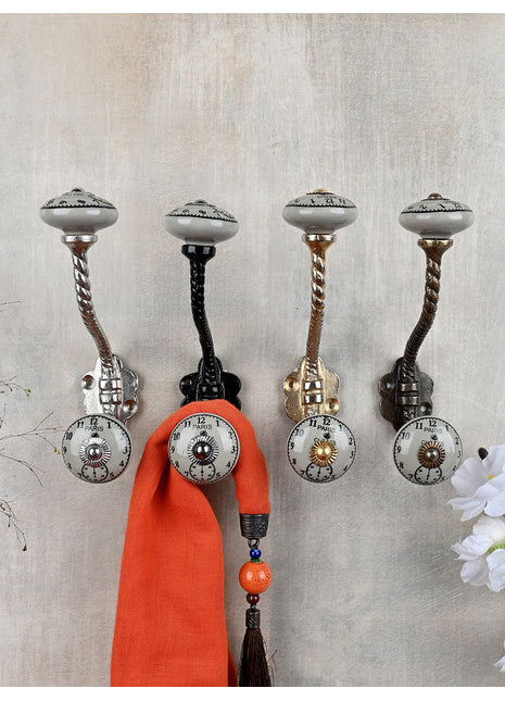 Round Light Grey Clock Ceramic Knob With Metal Wall Hanger