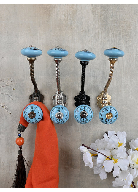 Turquoise Clock Ceramic Knob With Metal Wall Hanger