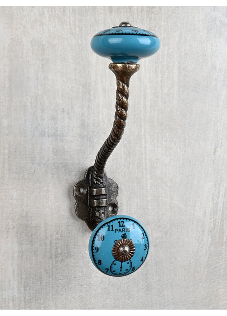 Round Ocean Blue Clock Ceramic Knob With Metal Wall Hanger