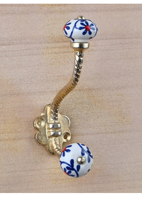Handmade Blue Print On White Knob With Metal Wall Hanger