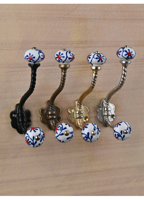 Handmade Blue Print On White Knob With Metal Wall Hanger