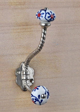 Handmade Blue Print On White Knob With Metal Wall Hanger