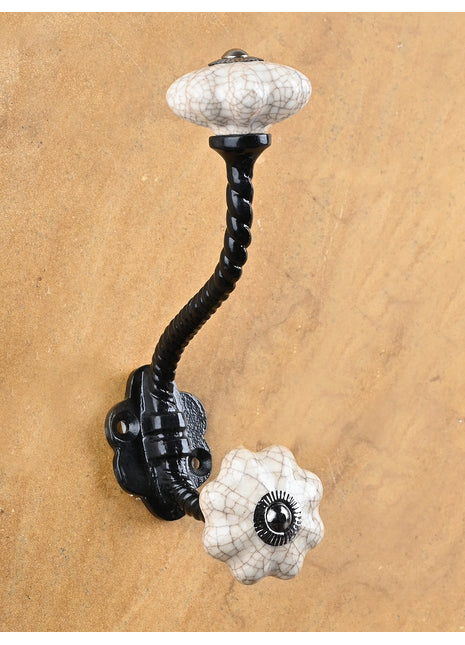 Cream Cracked Flower Shaped Knob With Metal Wall Hanger