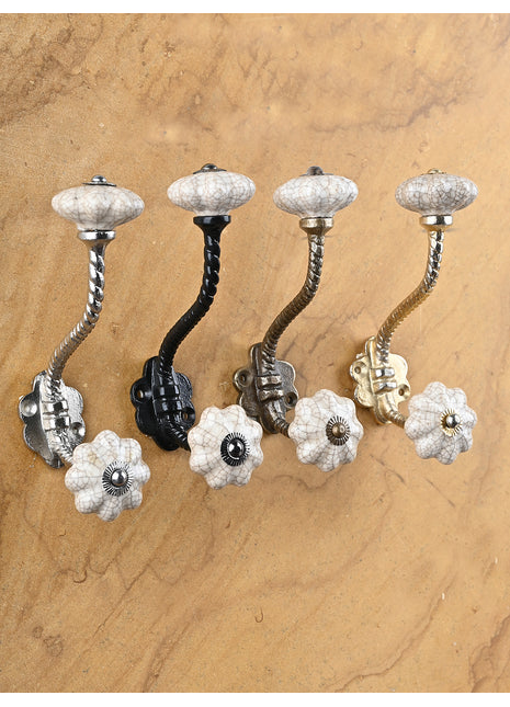 Cream Cracked Flower Shaped Knob With Metal Wall Hanger