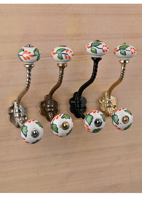 White Round Orange Flowers Knob With Metal Wall Hanger
