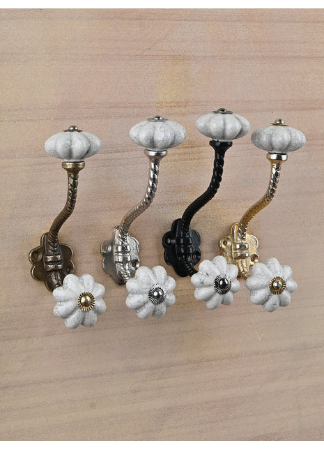 Antique Round Crackle White Knob With Metal Wall Hanger