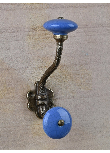 Blue Crackle Round Knob With Metal Wall Hanger