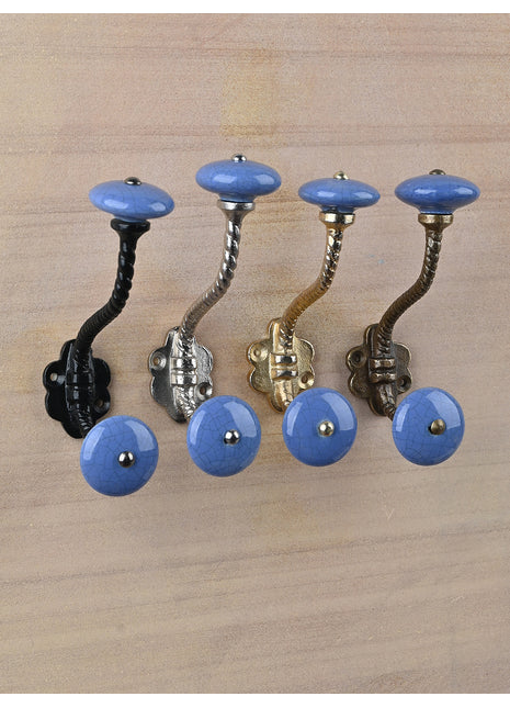 Blue Crackle Round Knob With Metal Wall Hanger