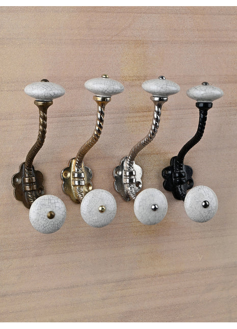 Dusty White Cracked Round Knob With Metal Wall Hanger
