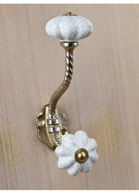 White Cracked Flower Shaped Knob With Metal Wall Hanger