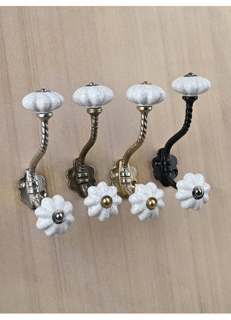 White Cracked Flower Shaped Knob With Metal Wall Hanger