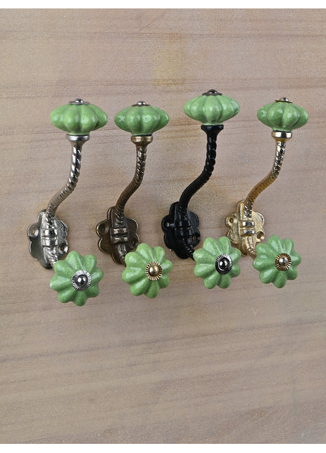 Cracked Green Flower Shaped Knob With Metal Wall Hanger
