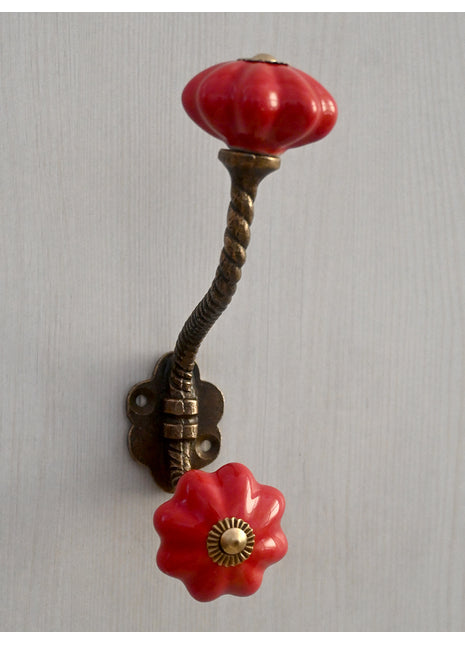 Red Flower Shaped Ceramic Knob With Metal Wall Hanger
