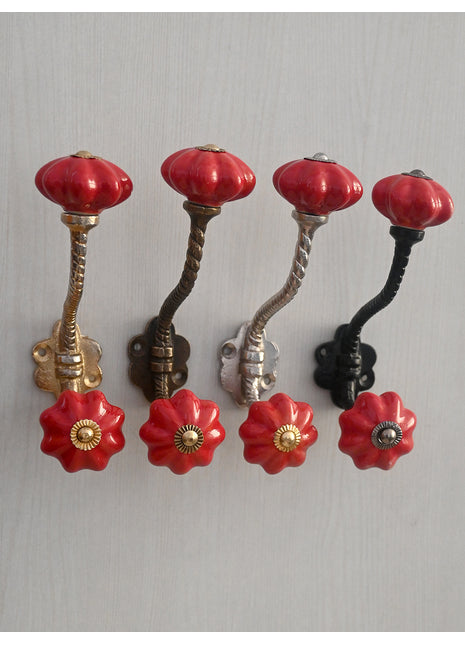 Red Flower Shaped Ceramic Knob With Metal Wall Hanger