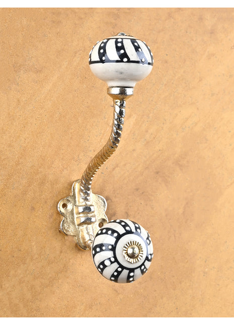 Handmade Cream Color Black Design Knob With Metal Wall Hanger