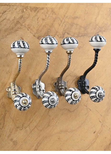 Handmade Cream Color Black Design Knob With Metal Wall Hanger