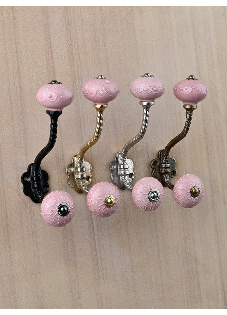 Pink Embossed Design Knob With Metal Wall Hanger
