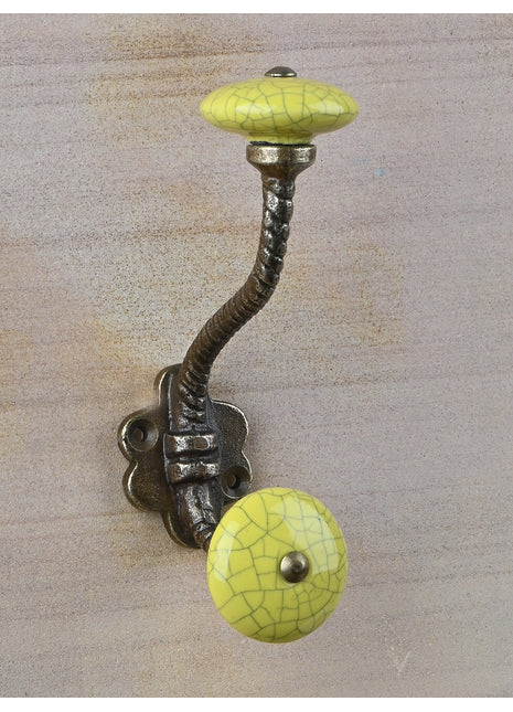 Yellow Cracked Round Knob With Metal Wall Hanger