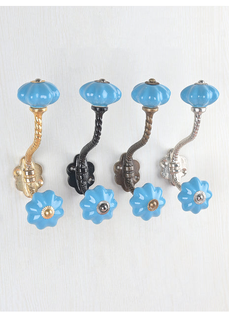 Turquoise Handmade Flower Shaped Ceramic  Knob With Metal Wall Hanger