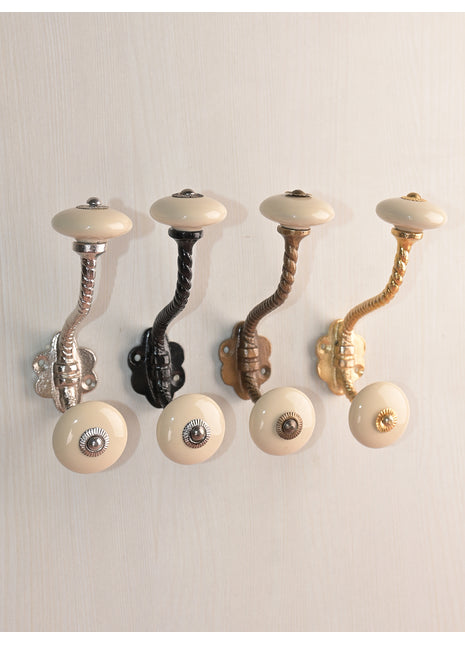 Off White Ceramic Cabinet Knob With Metal Wall Hanger