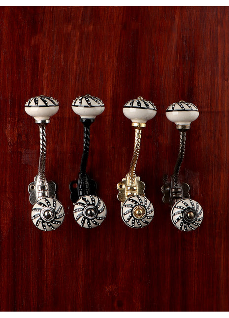 Handmade Cream Ceramic Knob with Black Design with Metal Wall Hanger