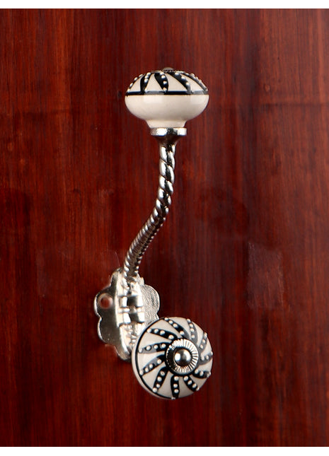 Handmade Cream Ceramic Knob with Black Design with Metal Wall Hanger