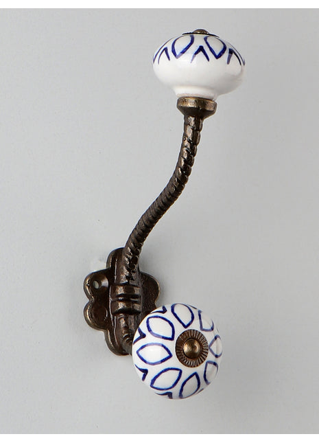 Elegant White Ceramic Knob With Blue Design with Metal Wall Hanger