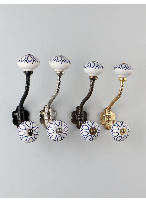 Elegant White Ceramic Knob With Blue Design with Metal Wall Hanger