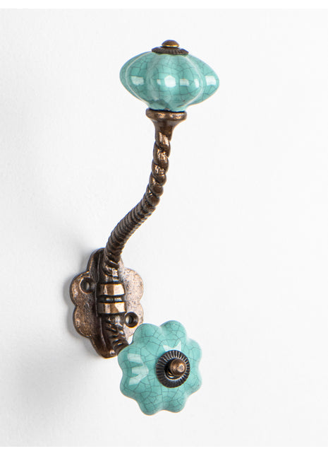 Cracked Teal Shade Flower Shaped Knob With Metal Wall Hanger